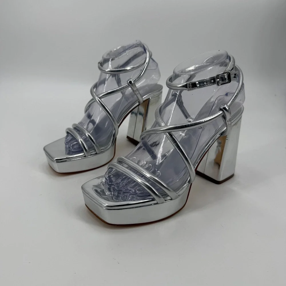 Marc Fisher Godea Silver Metallic Platform Block Heel Strappy Sandals Womens 8M